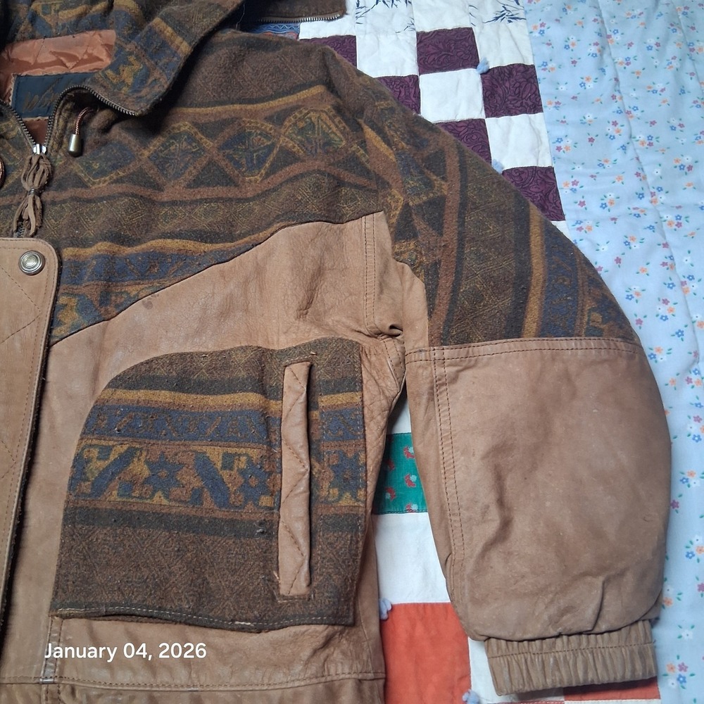 Vintage Winlit Leather & Wool Aztec Southwest Jacket Split Hood Parka Sz Small - Picture 2 of 16